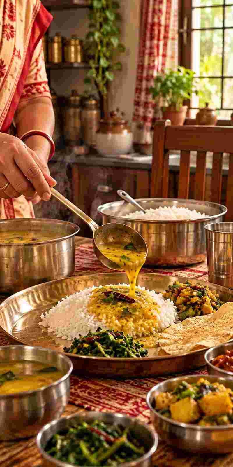 About Recipe Mystic: Traditional Indian home dining scene featuring steamed rice served