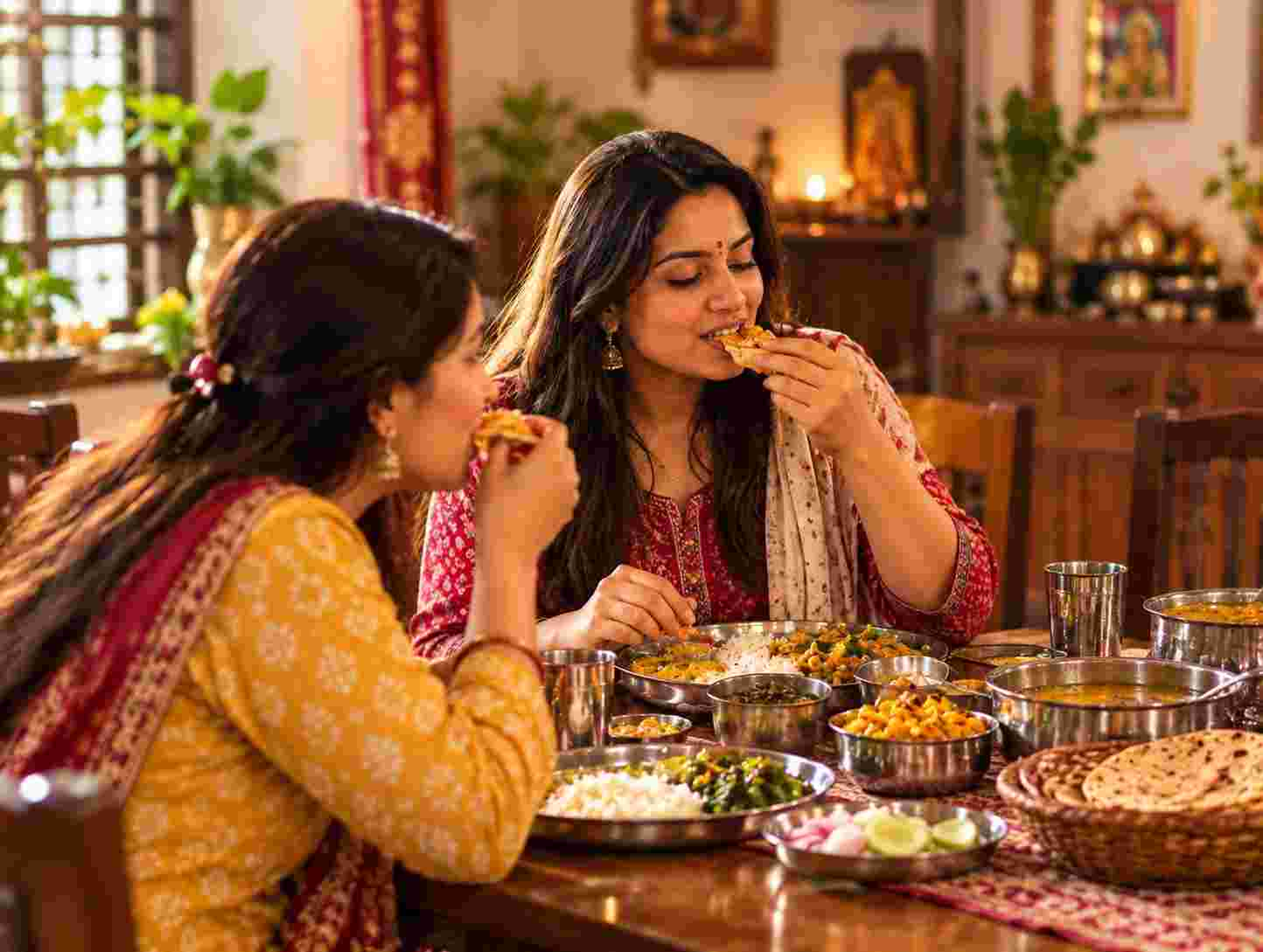 Two Indian women enjoying a traditional homemade meal together at a family dining table featuring Indian thali rice dal vegetable curry chapatis chutneys and stainless steel utensils