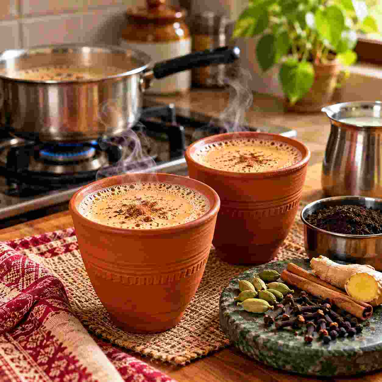 Two steaming cups of homemade Indian masala chai served in traditional terracotta kulhad cups with fresh ginger cardamom cinnamon cloves and tea spices in a cozy home kitch